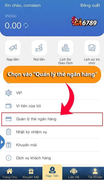 Chọn vào ô Quản Lý Thẻ Ngân Hàng